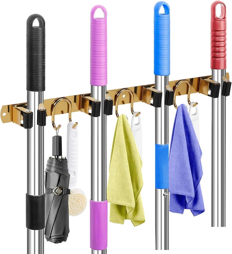 GUUKAR Mop Broom Holder Wall Mount, Gold Stainless Steel Tool Storage Organizer for Kitchen Garden Garage Laundry Room Bathroom and RV with 4 Slots 6 Hooks - Image 1